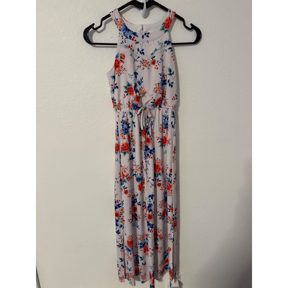 Three Pink Hearts Girls White Floral Halter Neck Maxi Dress Size M Orange Blue